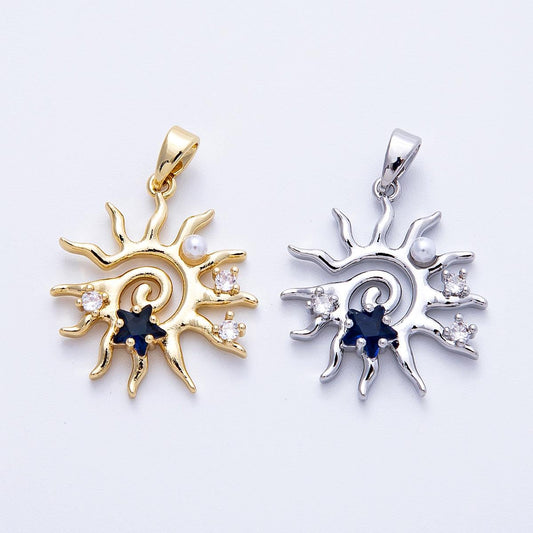 16K Gold Filled 22.5mm Blue CZ Shell Pearl Celestial Sun Pendant in Gold & Silver Blue Sapphire Star accents jewelry supply | CHARMS-00186