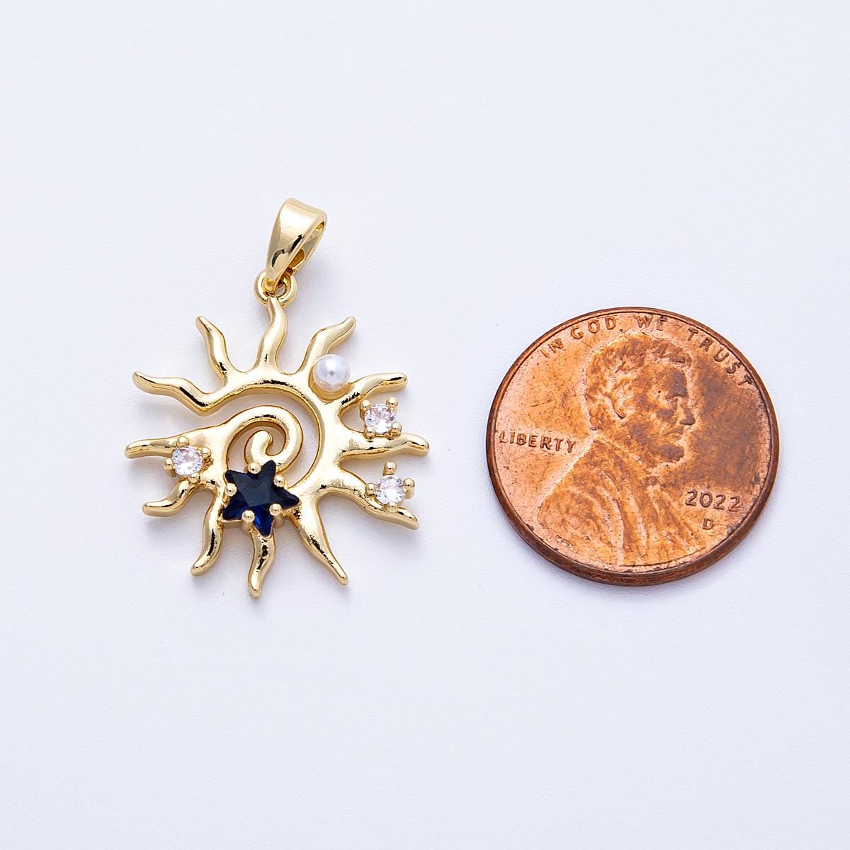 16K Gold Filled 22.5mm Blue CZ Shell Pearl Celestial Sun Pendant in Gold & Silver Blue Sapphire Star accents jewelry supply | CHARMS-00186