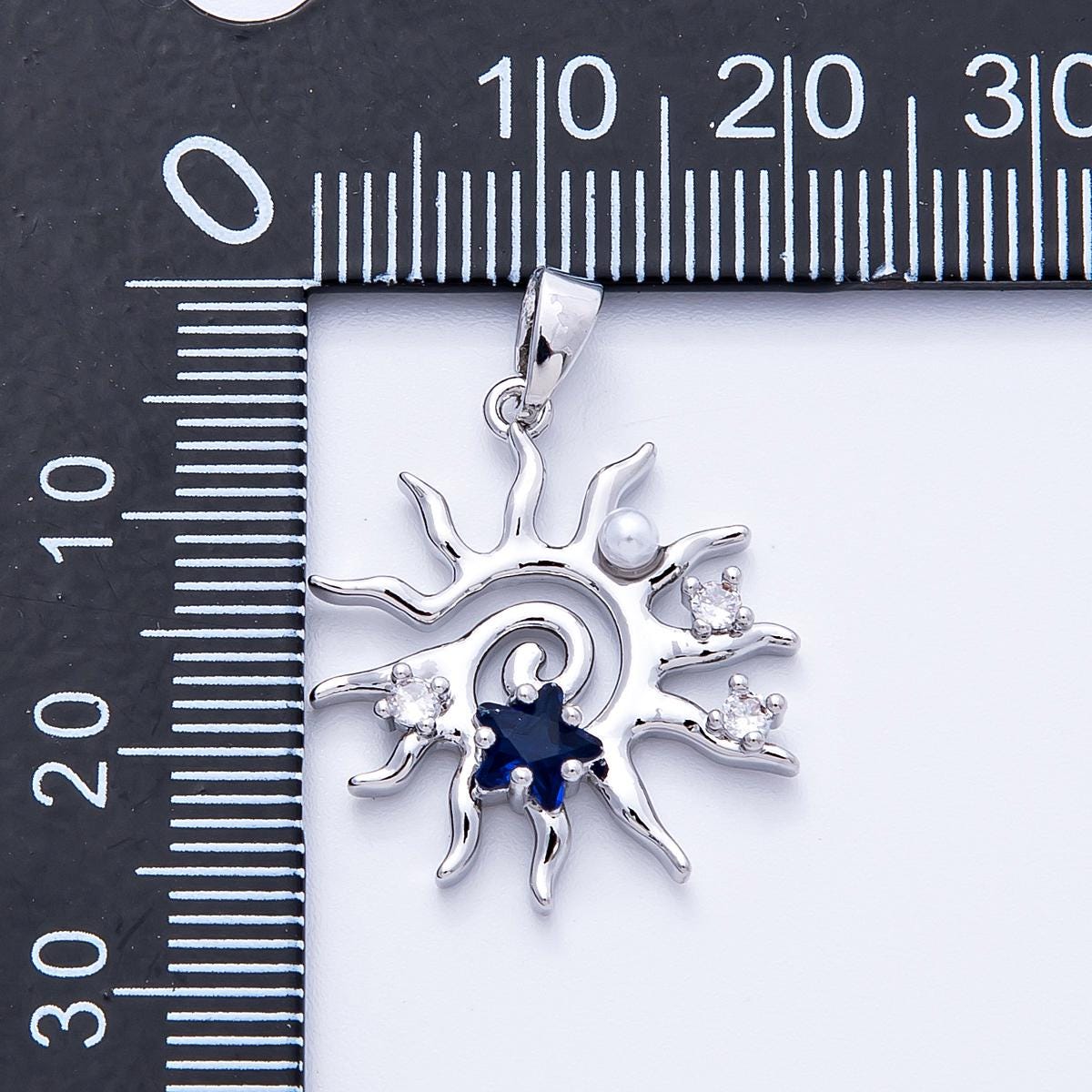 16K Gold Filled 22.5mm Blue CZ Shell Pearl Celestial Sun Pendant in Gold & Silver Blue Sapphire Star accents jewelry supply | CHARMS-00186
