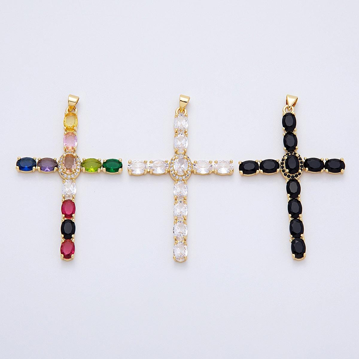 16K Gold Filled 57mm Clear, Black, Multicolor Oval Micro Paved CZ Religious Pendant Christian Necklace Cross Jewelry Supply | Charms-00159