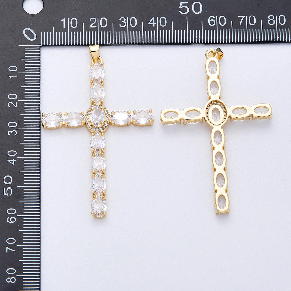 16K Gold Filled 57mm Clear, Black, Multicolor Oval Micro Paved CZ Religious Pendant Christian Necklace Cross Jewelry Supply | Charms-00159