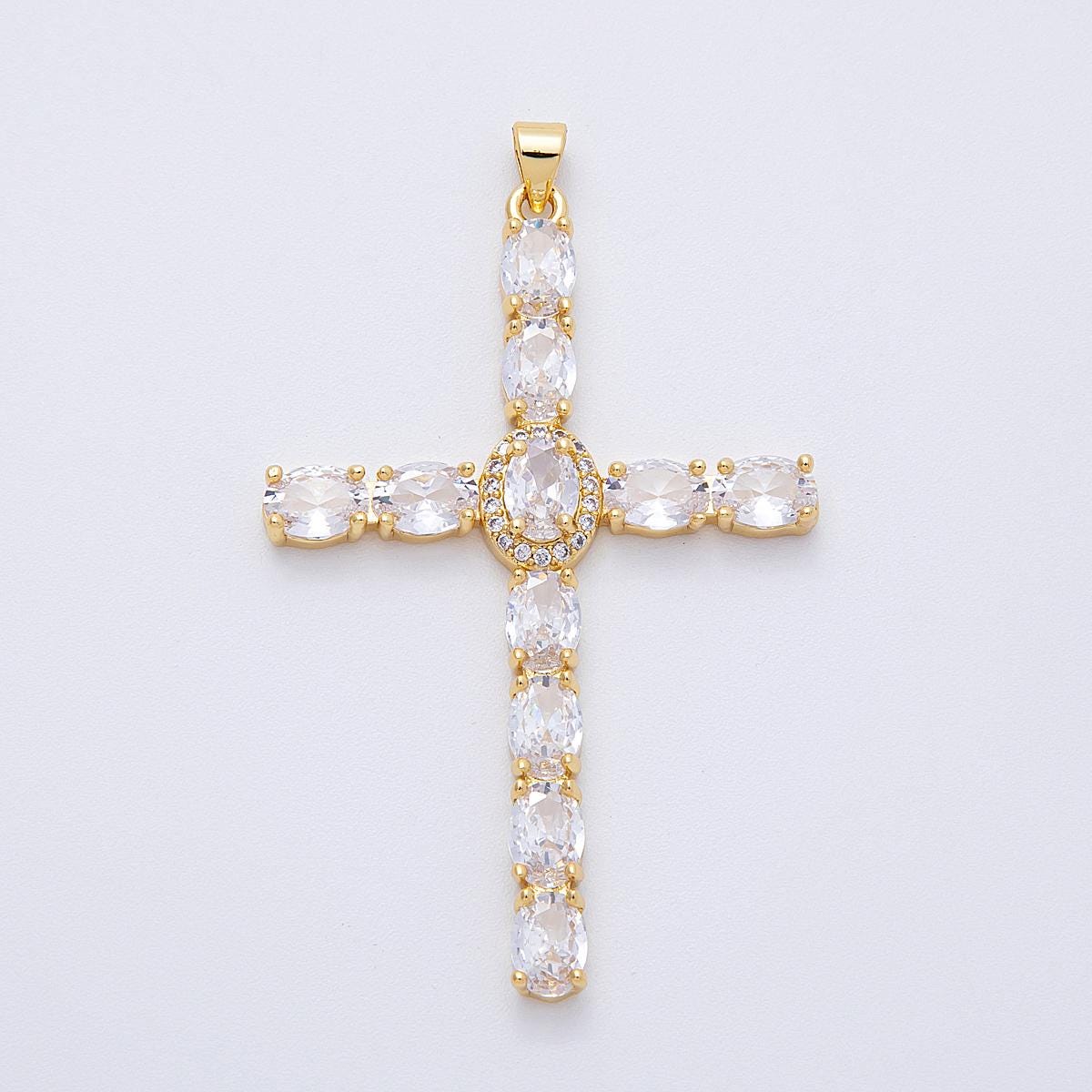 16K Gold Filled 57mm Clear, Black, Multicolor Oval Micro Paved CZ Religious Pendant Christian Necklace Cross Jewelry Supply | Charms-00159