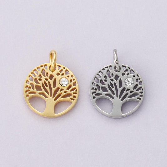 18k gold and silver stainless steel tree of life pendant with cubic zirconia dainty spiritual charm DIY Necklace bracelet making | E-00631