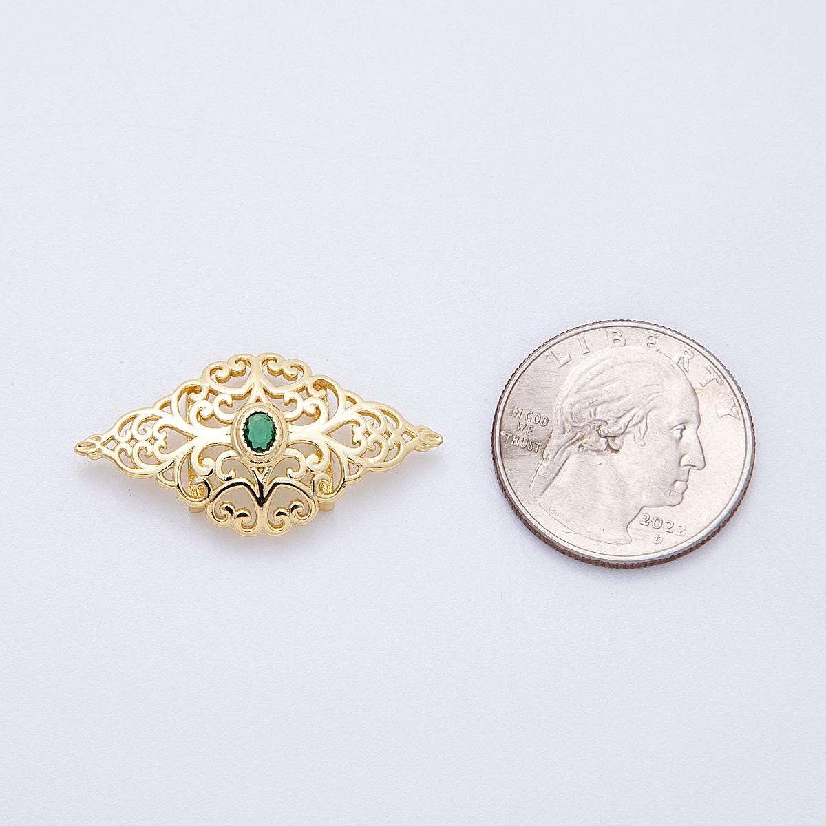 16K Gold Filled 34mm Green CZ Oval Filigree Geometric Charm Finding Victorian style DIY jewelry making supply necklace | Findings-00036