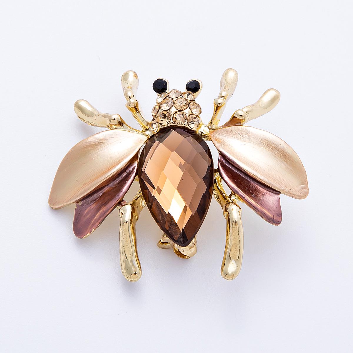 32mm Sparkly Amber Crystal Honey Bee Brooch Gold Tone Rhinestone Bumblebee Pin dainty insect accessory for women unique nature gift | BH-102