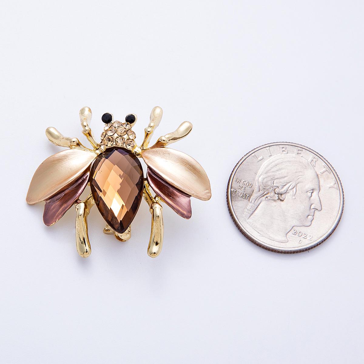 32mm Sparkly Amber Crystal Honey Bee Brooch Gold Tone Rhinestone Bumblebee Pin dainty insect accessory for women unique nature gift | BH-102