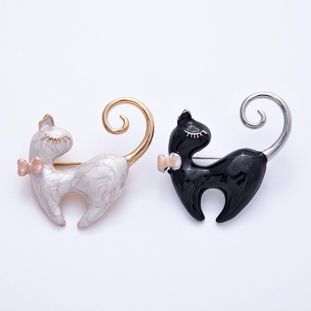 38mm Dainty Enamel Cat Brooch Elegant Black or white kitten pin with pink bowknot unique cat lover gift animal lapel pin for her | BH-105