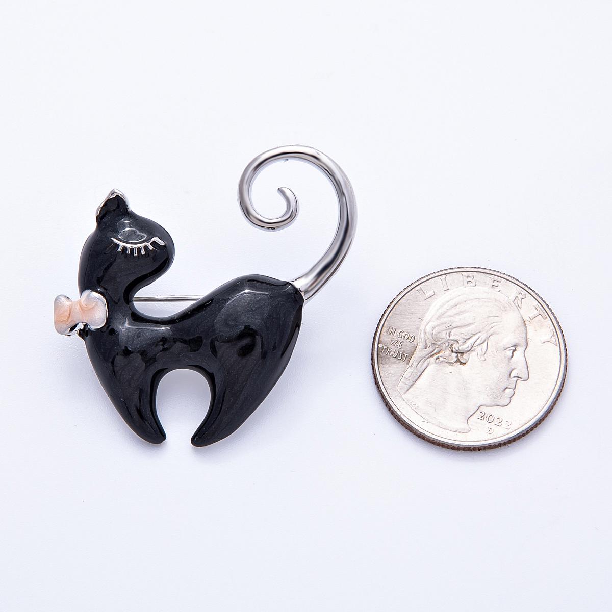 38mm Dainty Enamel Cat Brooch Elegant Black or white kitten pin with pink bowknot unique cat lover gift animal lapel pin for her | BH-105