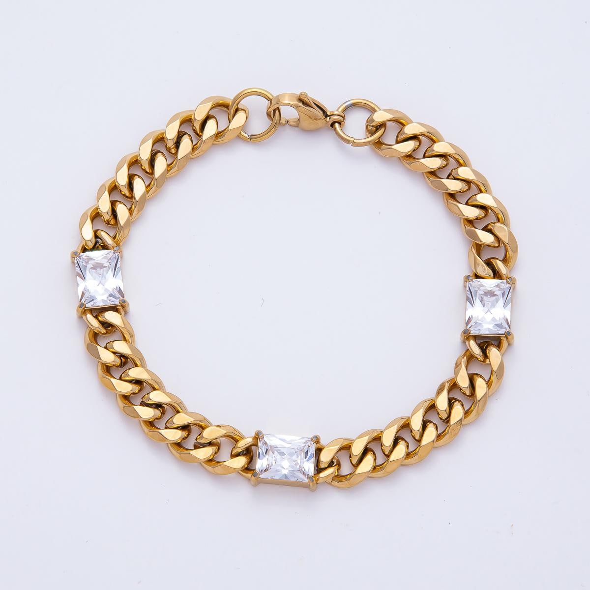 PVD Gold Cuban Link Bracelet with 3 Princess Cut Stones – Hip Hop Statement Chain Bracelet for Women Luxury Chunky Gold Jewelry Gift WA-4163