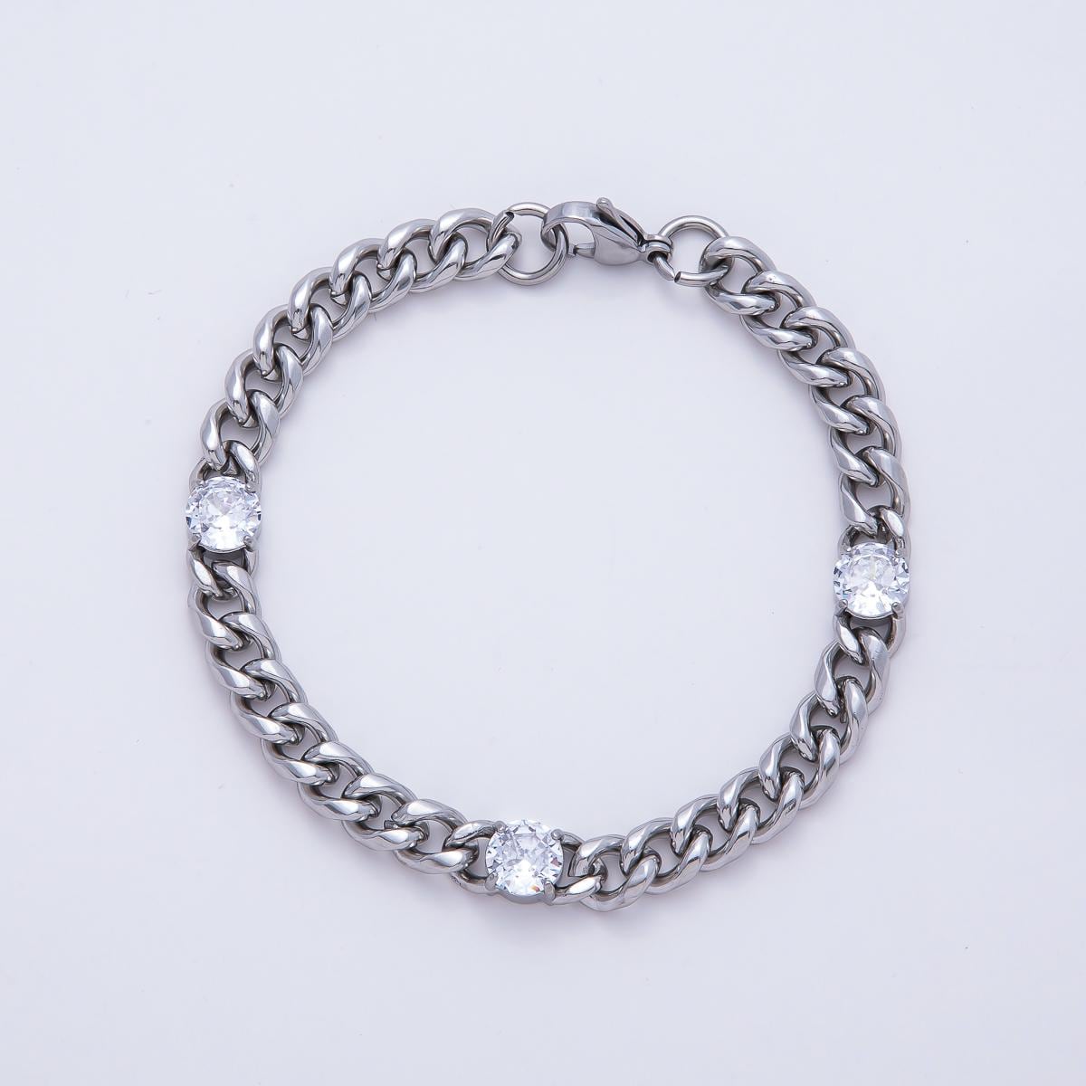 Stainless Steel Cuban Link Bracelet with 3 Crystal Stones Hip Hop Statement Chain Bracelet for Women Luxury Chunky Jewelry Gift WA-4161