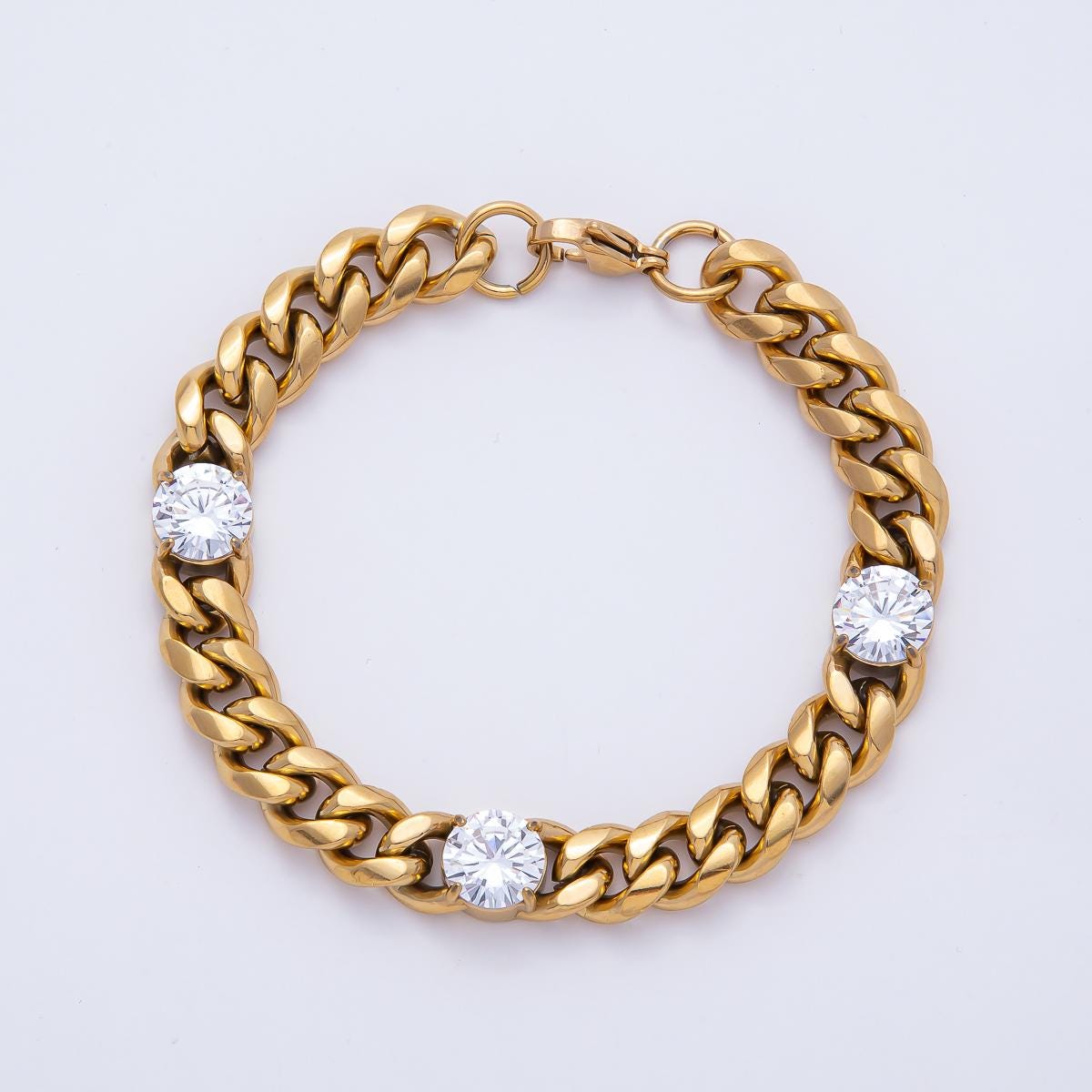 PVD Gold Stainless Steel Cuban Link Bracelet with 3 Crystal Stones Hip Hop Statement Chain Bracelet for Women Chunky Jewelry Gift WA-4160