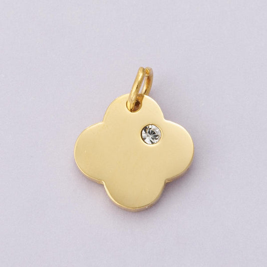 Stainless Steel Clear CZ Clover Quatrefoil Charm 12mm dainty minimalist CZ lucky flower necklace earring bracelet jewelry making | E-00627