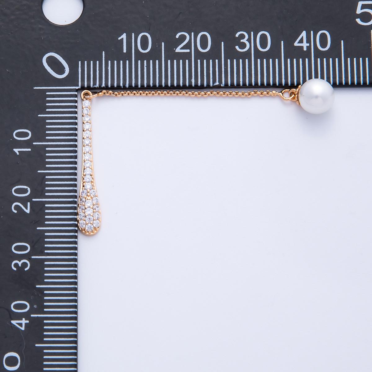 gold pave CZ bar & pearl drop connector 67mm earring dangle component diy bridal jewelry supply pearl tassel link | FINDINGS-00051