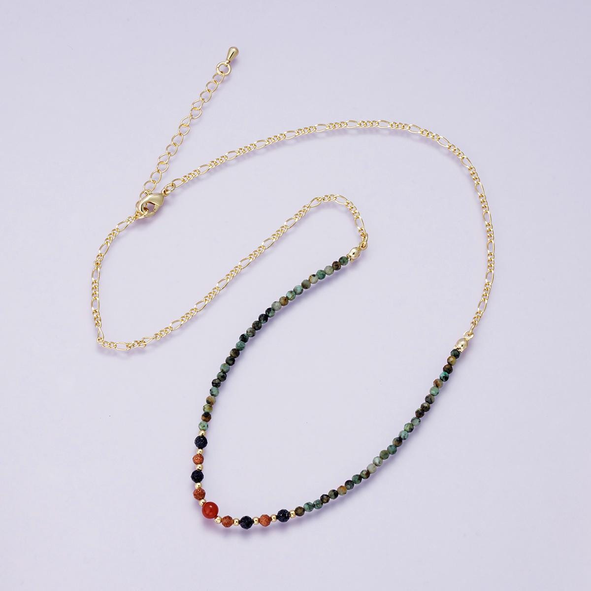 Handmade 24k Multi gemstone & figaro chain necklace 18 inch red carnelian and African turquoise Spiritual Jewelry gift for her | WA-04277