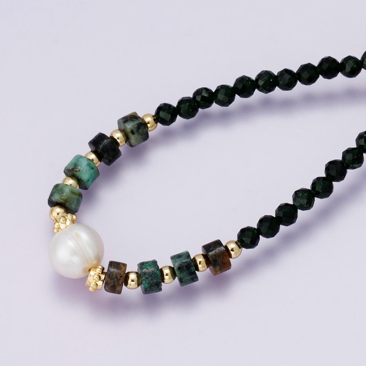 Handmade 24K Gold Filled Shell Pearl Malachite Green Gemstone half and half chain 18 inch with 2 inch extender jewelry gift | WA-04230