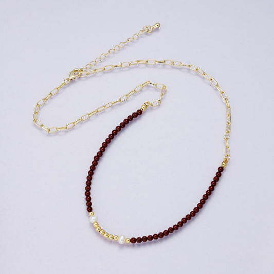 24K Gold Filled Shell Pearl Bead Carnelian Gemstone Handcrafted Red Beaded Necklace for Summer Jewelry Handmade Gift 18 inch | WA-04209