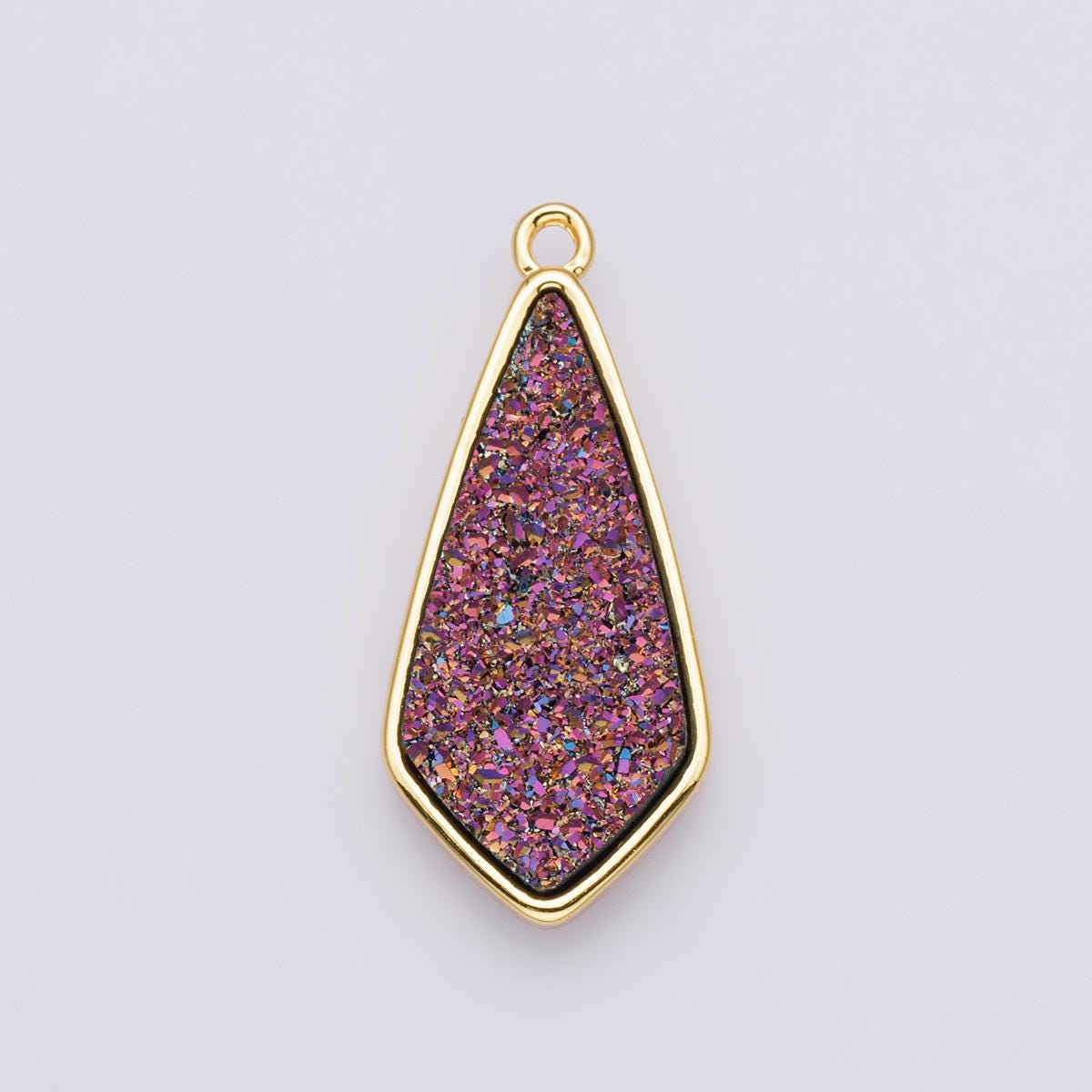 Black Blue & Pink Druzy Geometric Teardrop Pendant 24k Gold Filled 30.5mm Iridescent Shield Connector DIY Jewelry Making for her | E-00438