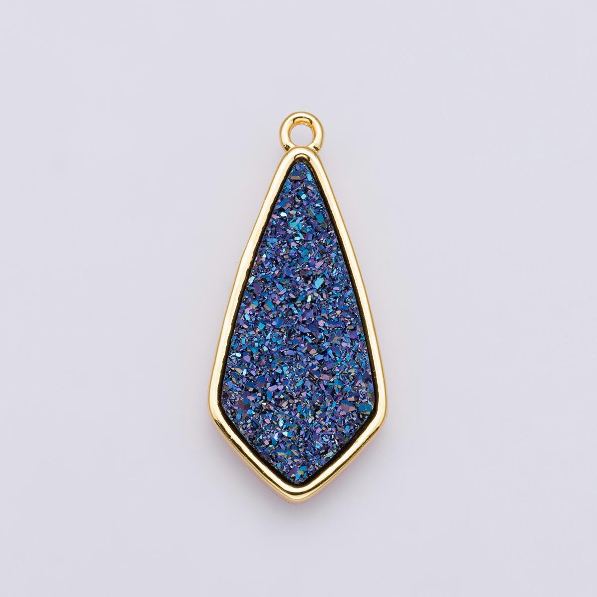 Black Blue & Pink Druzy Geometric Teardrop Pendant 24k Gold Filled 30.5mm Iridescent Shield Connector DIY Jewelry Making for her | E-00438