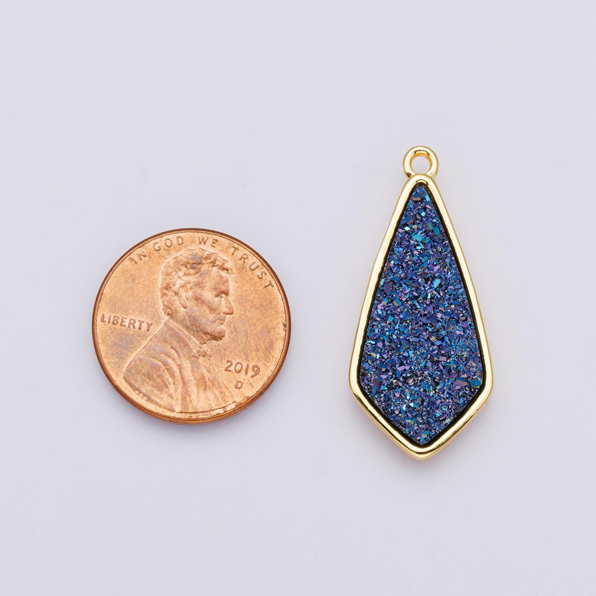 Black Blue & Pink Druzy Geometric Teardrop Pendant 24k Gold Filled 30.5mm Iridescent Shield Connector DIY Jewelry Making for her | E-00438
