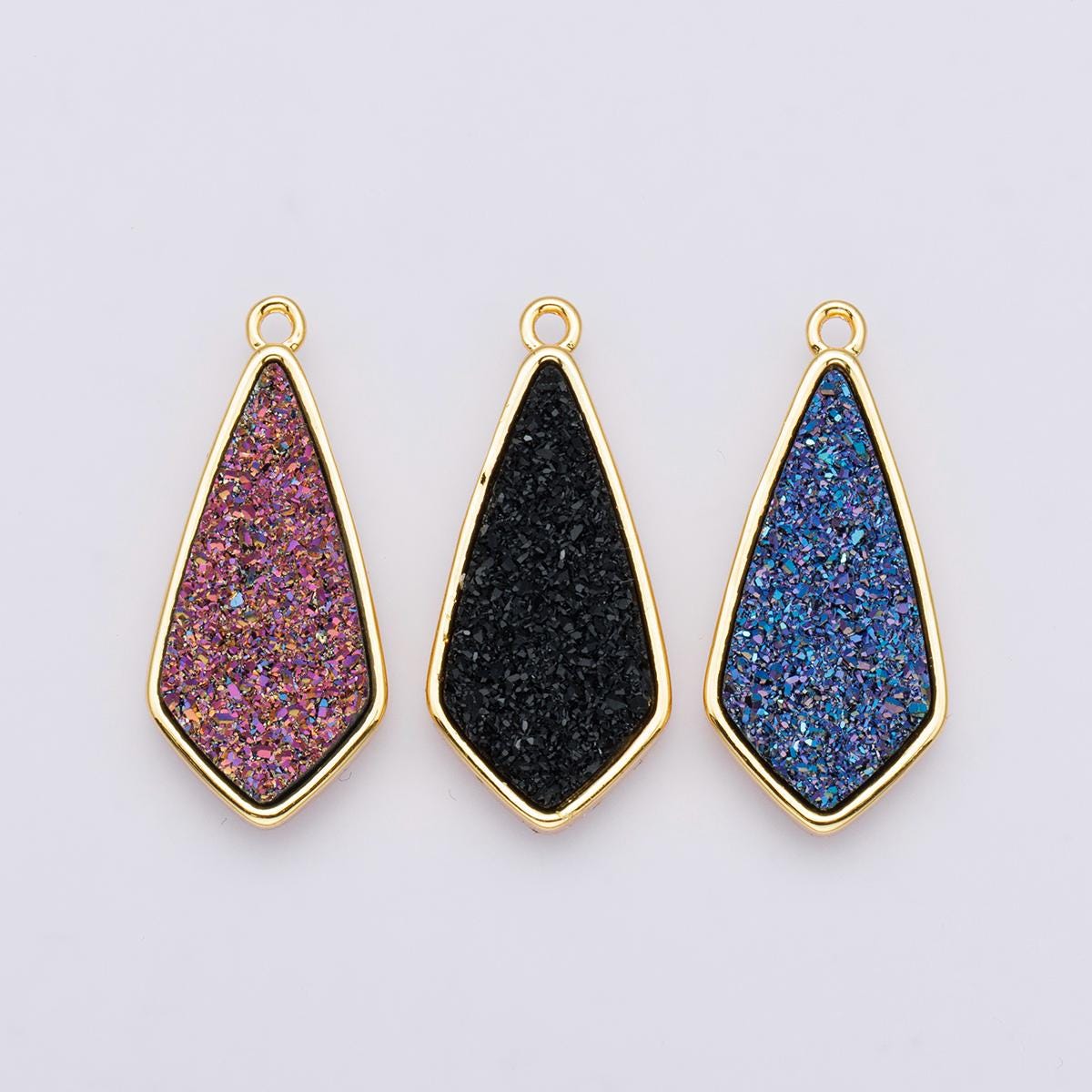 Black Blue & Pink Druzy Geometric Teardrop Pendant 24k Gold Filled 30.5mm Iridescent Shield Connector DIY Jewelry Making for her | E-00438