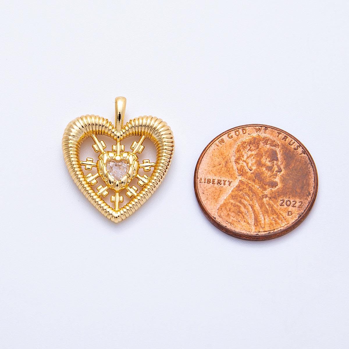 18k gold filled swirly textured heart pendant 20mm round CZ heart charm dainty sunburst love medal diy jewelry supply | CHARMS-00341