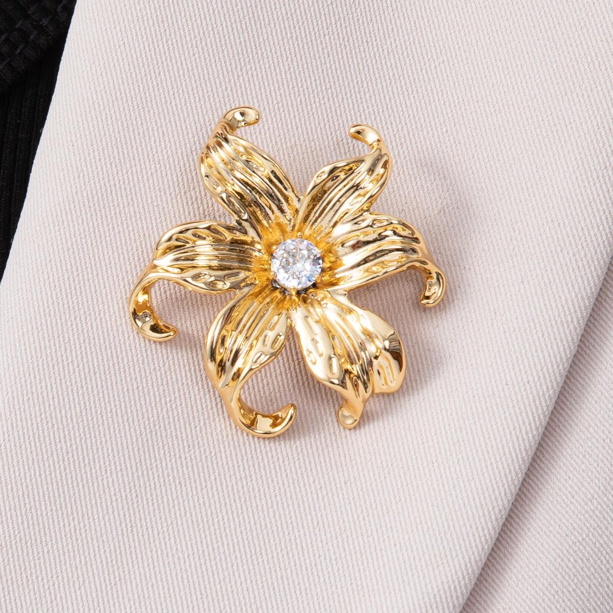 18K Gold Filled 41mm Clear CZ Blooming Molten Flower Pin Brooch Elegant Floral Pin Wedding Gift for her botanical accessory | BH-118