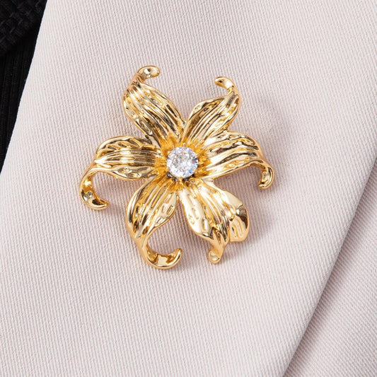 18K Gold Filled 41mm Clear CZ Blooming Molten Flower Pin Brooch Elegant Floral Pin Wedding Gift for her botanical accessory | BH-118