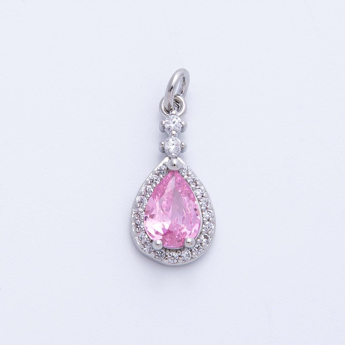 White gold filled Pink Sapphire and Emerald Gemstone Charm 16mm CZ Halo Bridal Jewelry Supply Dainty Necklace gift for her | CHARMS-00350