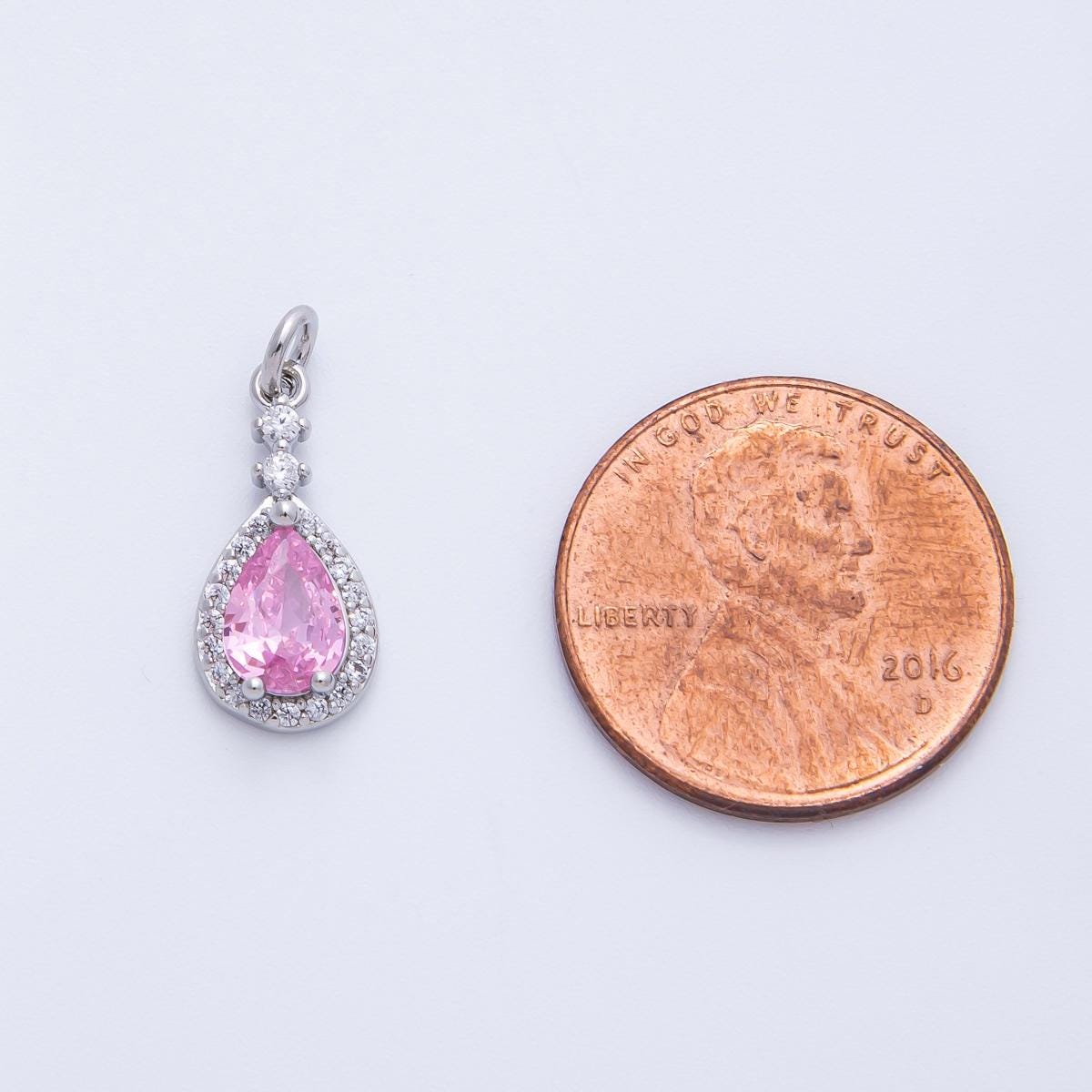 White gold filled Pink Sapphire and Emerald Gemstone Charm 16mm CZ Halo Bridal Jewelry Supply Dainty Necklace gift for her | CHARMS-00350