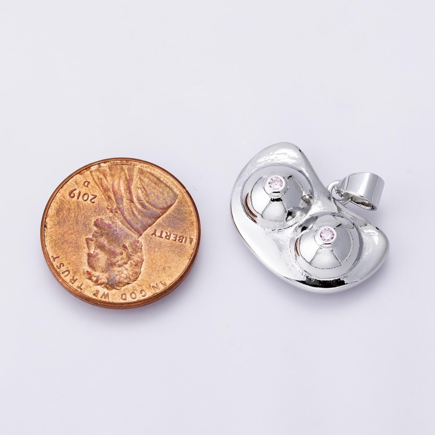 Silver boobs pendant with CZ crystals 14.3mm feminist body positive jewelry breast empowerment charm unique gift nipple necklace | I-00394