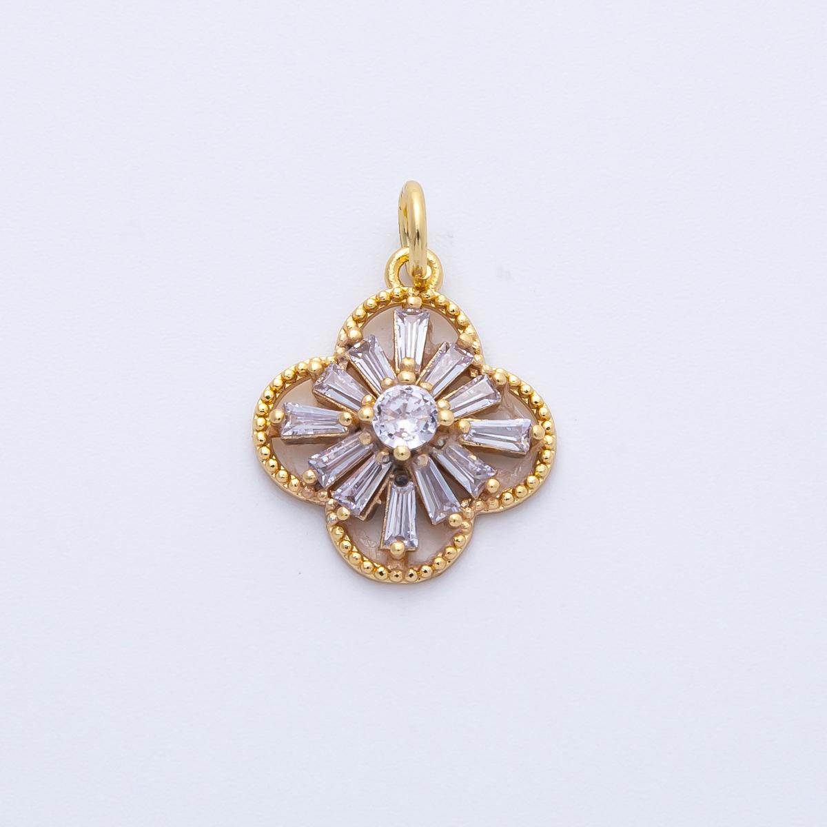 16k gold filled baguette CZ clover flower charm 15.9mm floral cluster pendant for necklace making DIY Jewelry custom earrings | CHARMS-00357