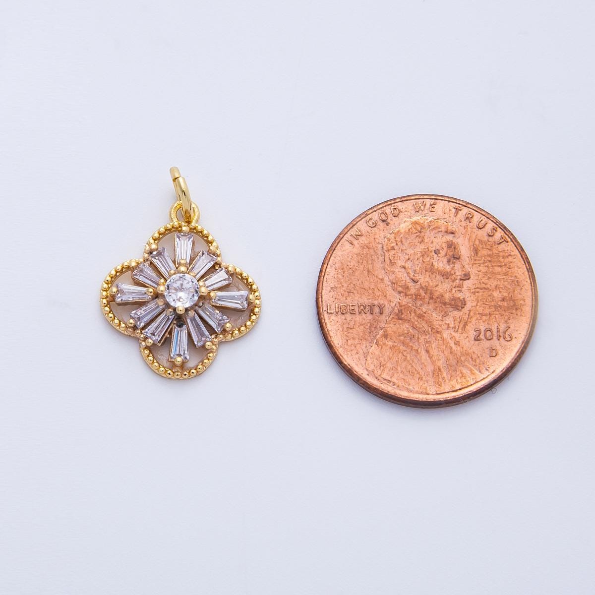 16k gold filled baguette CZ clover flower charm 15.9mm floral cluster pendant for necklace making DIY Jewelry custom earrings | CHARMS-00357