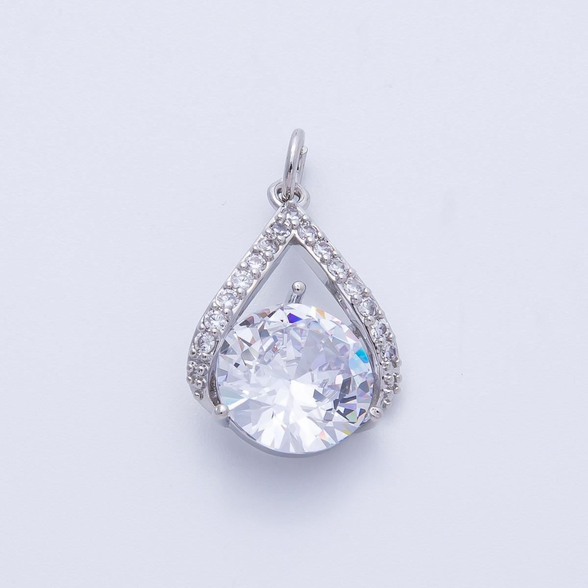 Teardrop Halo Pendant Necklace Round Cut Cubic Zirconia Solitaire Pear Shape Charm Wedding Jewelry for Brides and Bridesmaids | CHARMS-00366