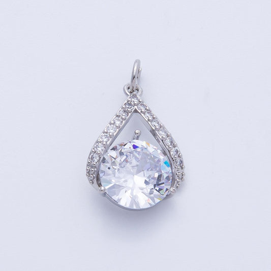 Teardrop Halo Pendant Necklace Round Cut Cubic Zirconia Solitaire Pear Shape Charm Wedding Jewelry for Brides and Bridesmaids | CHARMS-00366