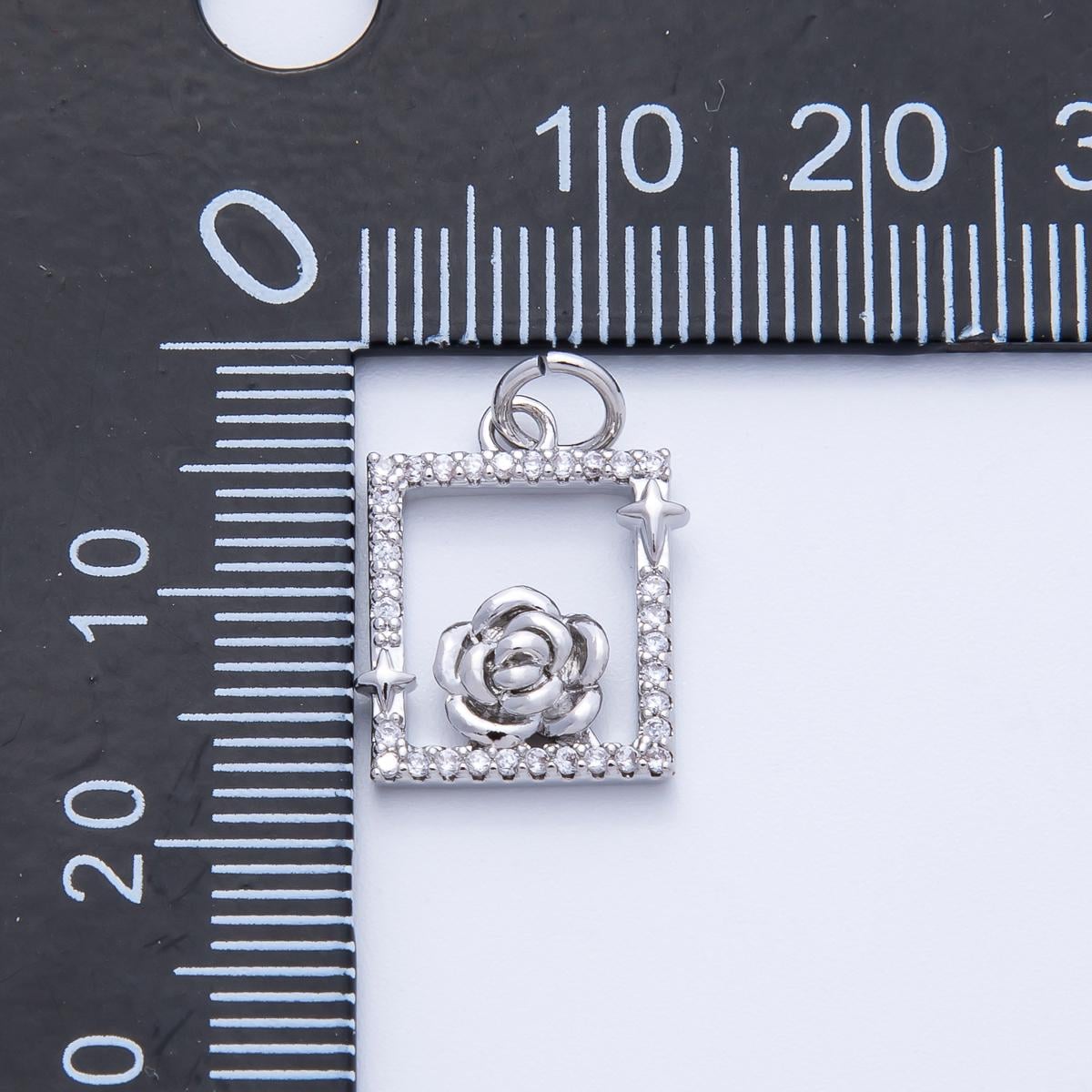 18k Gold filled & white gold Floating Rose Rectangle Frame Pendant Dainty Micro Pave CZ Jewelry Making Supply Custom Necklace | CHARMS-00375