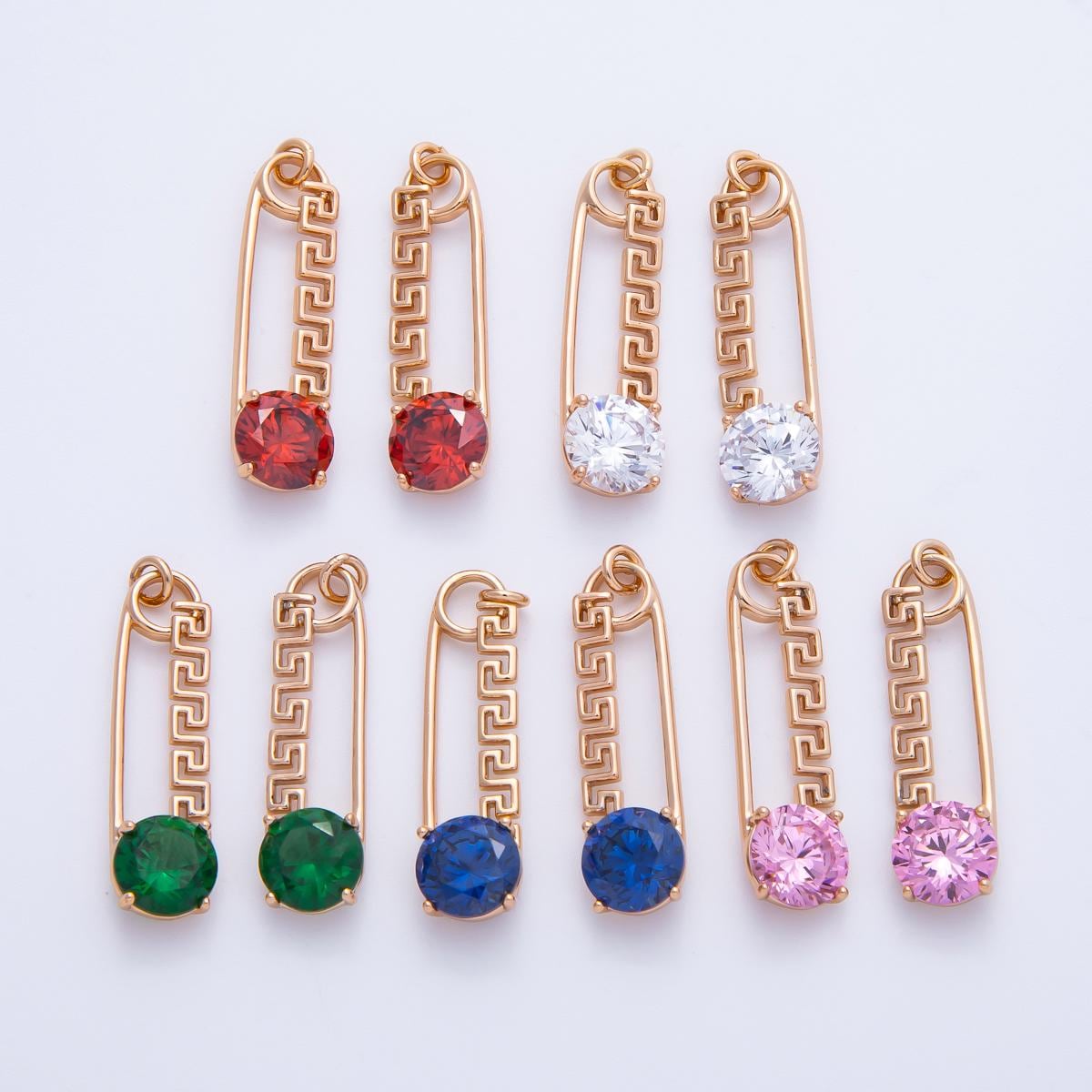 Rose Gold Safety Pin Charm 25mm Birthstone Crystal Pendant Greek Style CZ Pin Jewelry Necklace & Bracelet Making DIY Supply | CHARMS-00377