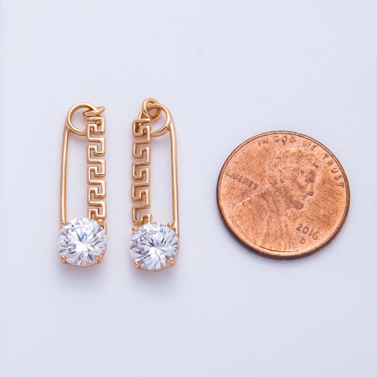 Rose Gold Safety Pin Charm 25mm Birthstone Crystal Pendant Greek Style CZ Pin Jewelry Necklace & Bracelet Making DIY Supply | CHARMS-00377