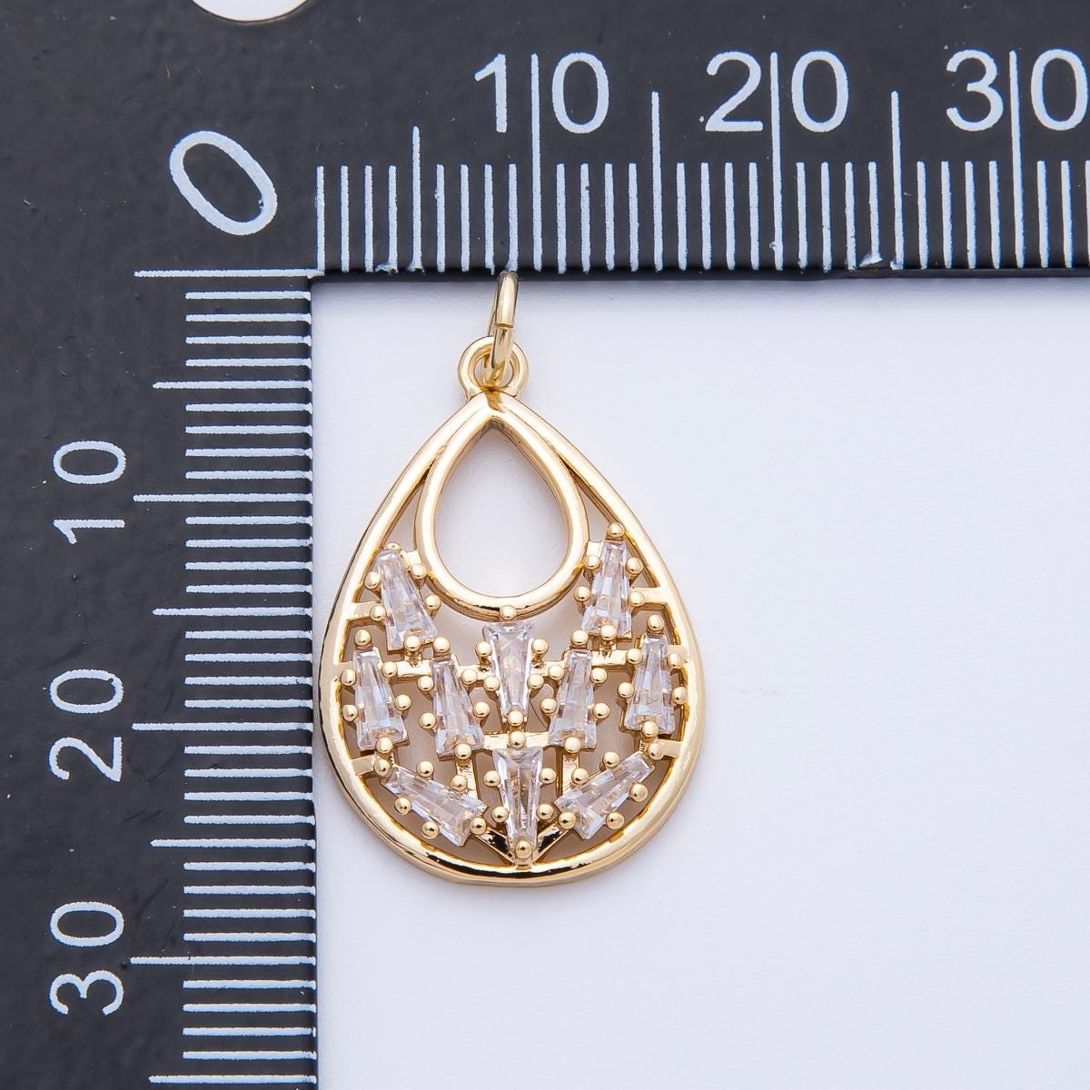 16k Gold Filled Filigree Teardrop Charm with Baguette CZ Vintage Inspired Dainty Necklace and Earrings Charm Jewelry Gift Her | CHARMS-00390