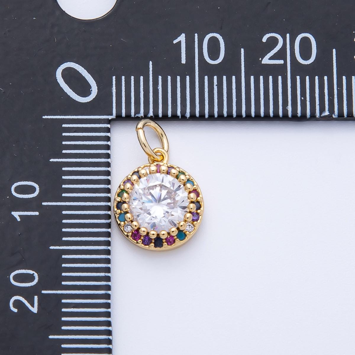 16k Gold Filled Mini Rainbow Halo Charm Multicolor Cubic Zirconia Circle Charm Round CZ Medallion Celestial Jewelry Gift Her | CHARMS-00391