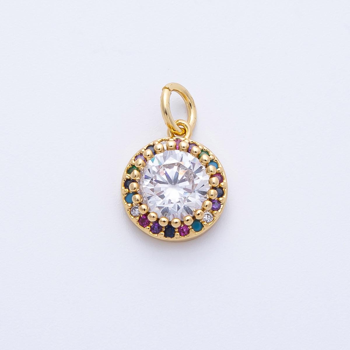 16k Gold Filled Mini Rainbow Halo Charm Multicolor Cubic Zirconia Circle Charm Round CZ Medallion Celestial Jewelry Gift Her | CHARMS-00391