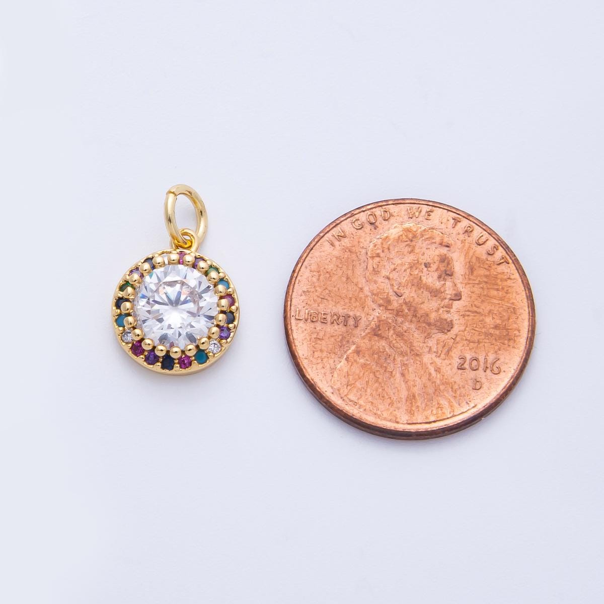 16k Gold Filled Mini Rainbow Halo Charm Multicolor Cubic Zirconia Circle Charm Round CZ Medallion Celestial Jewelry Gift Her | CHARMS-00391