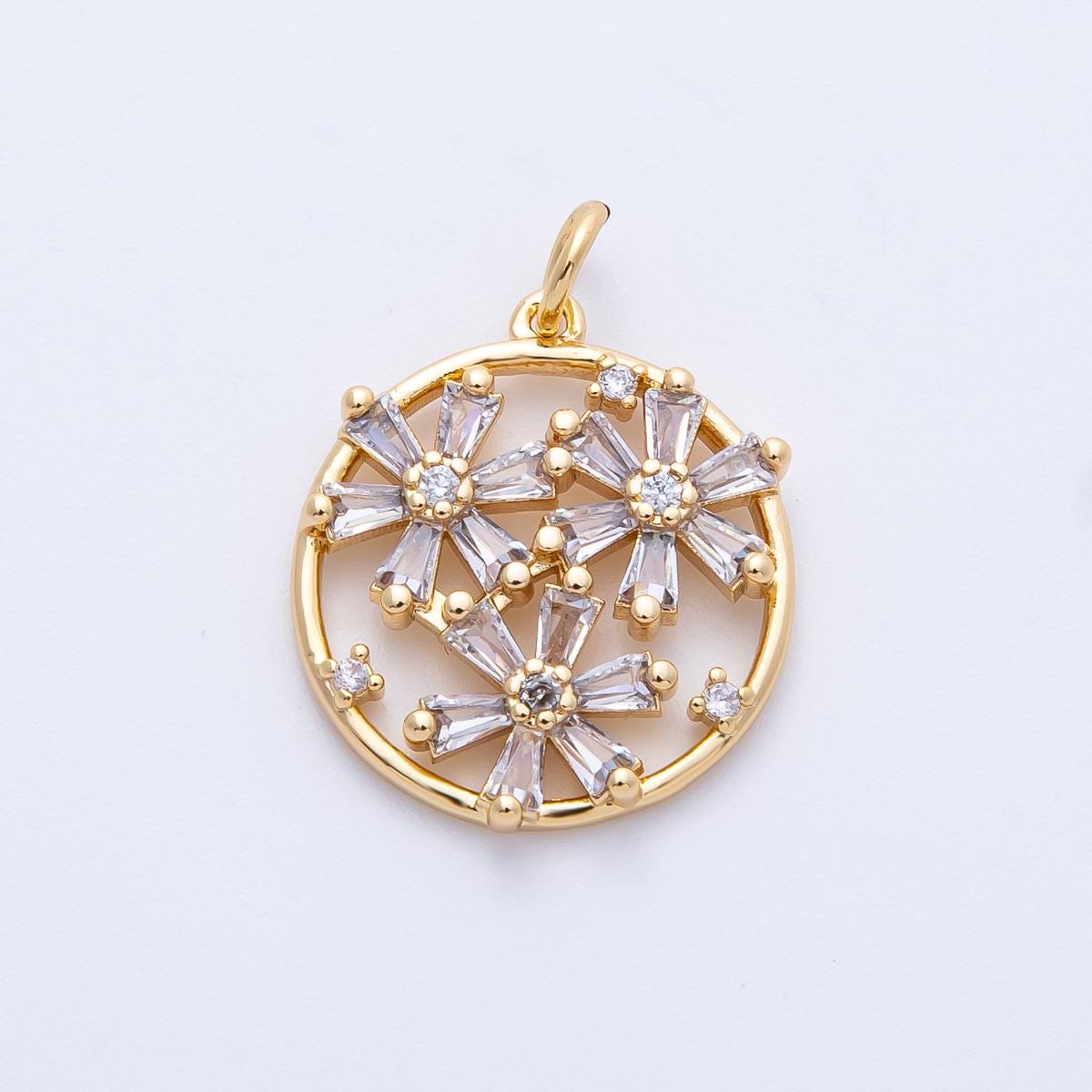16K Gold Filled Triple Baguette Flowers Open Round Charm Sparkly Daisy Botanical Gift Floral DIY Jewelry Supply Necklace | CHARMS-00392