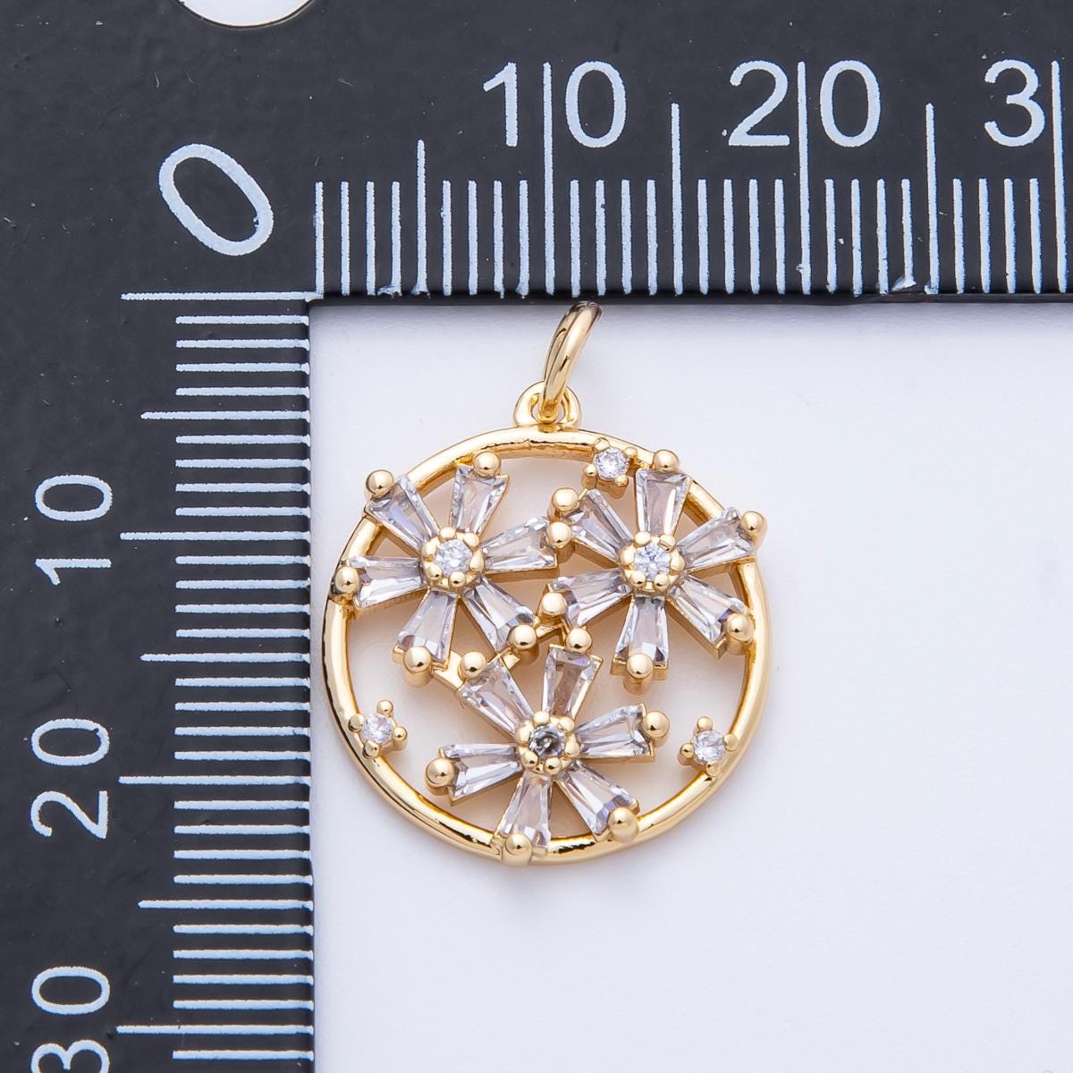 16K Gold Filled Triple Baguette Flowers Open Round Charm Sparkly Daisy Botanical Gift Floral DIY Jewelry Supply Necklace | CHARMS-00392