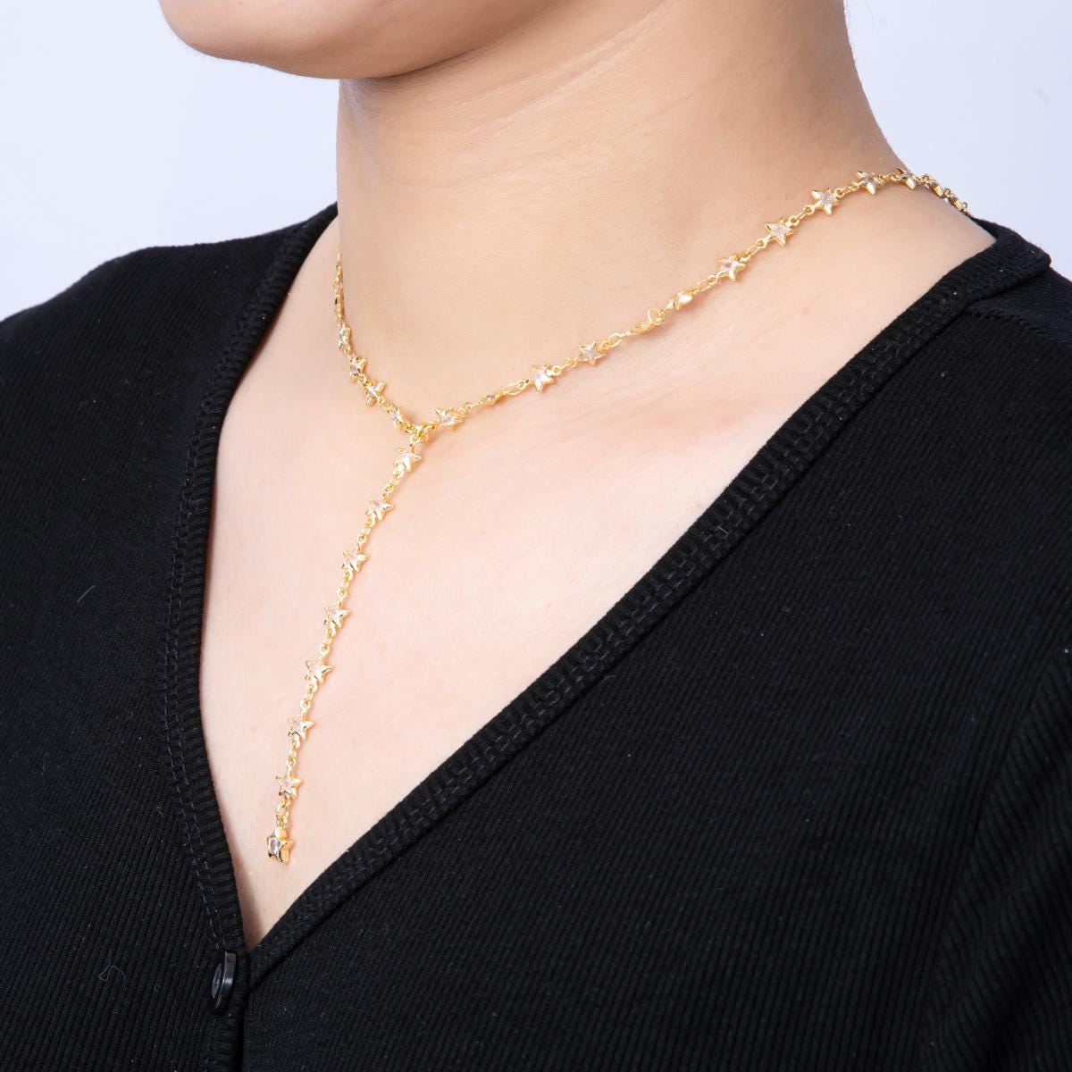 18K Gold Filled Lariat Necklace, Y Necklace Star CZ Link Necklace, Minimalist Celestial Jewelry Long Gold Necklace 18.5 inch WA-4197