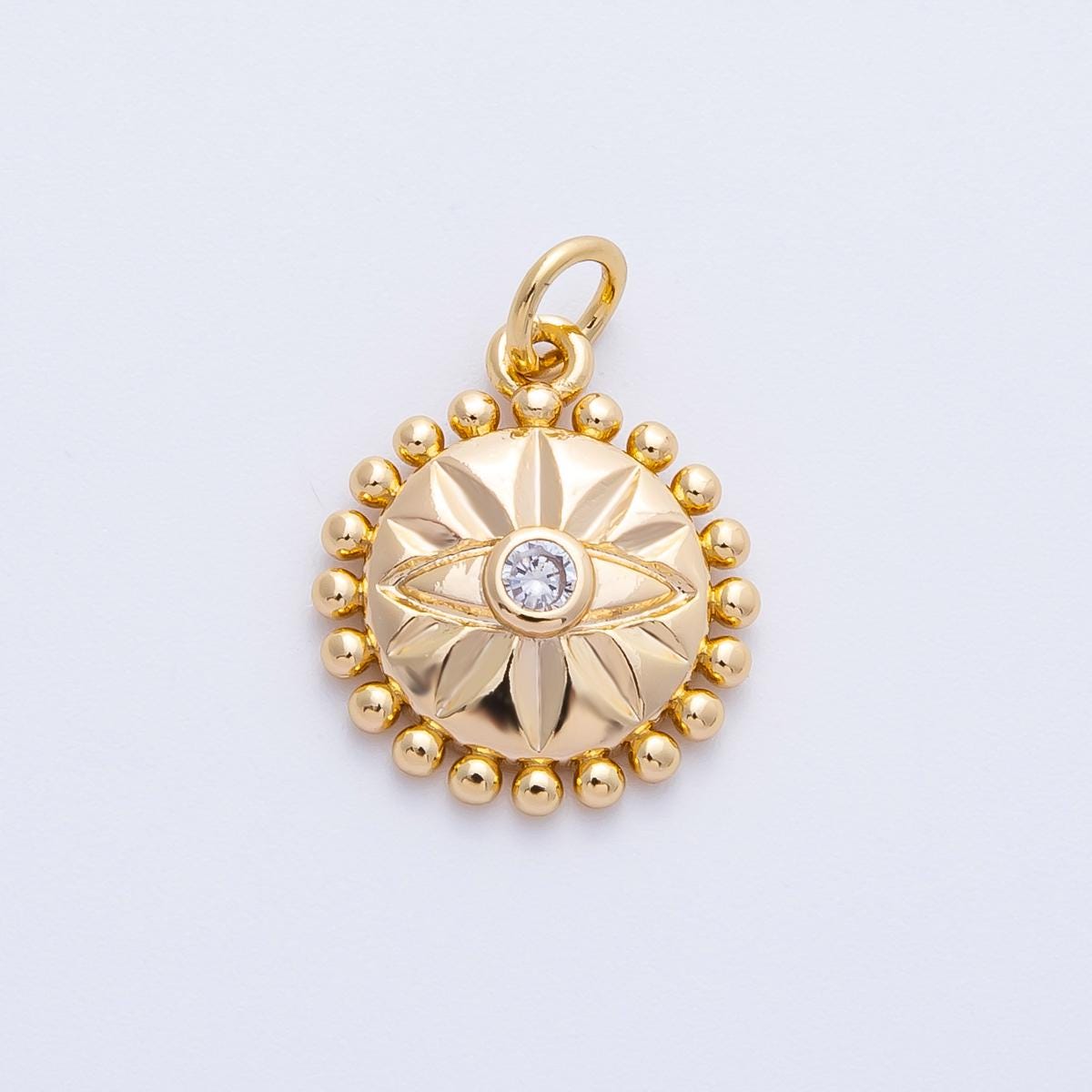 16k Gold Filled Sun Medallion Pendant Evil Eye Sunburst Charm 16.2mm for Necklace Beaded Edge Pendant Spiritual Jewelry Gift | CHARMS-00399