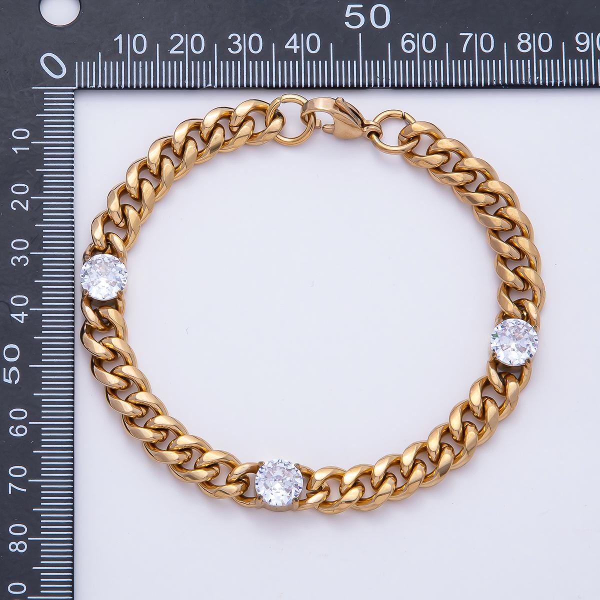 PVD Gold Stainless Steel Cuban Link Bracelet with 3 Crystal Stones Hip Hop Statement Chain Bracelet for Women Chunky Jewelry Gift WA-4036