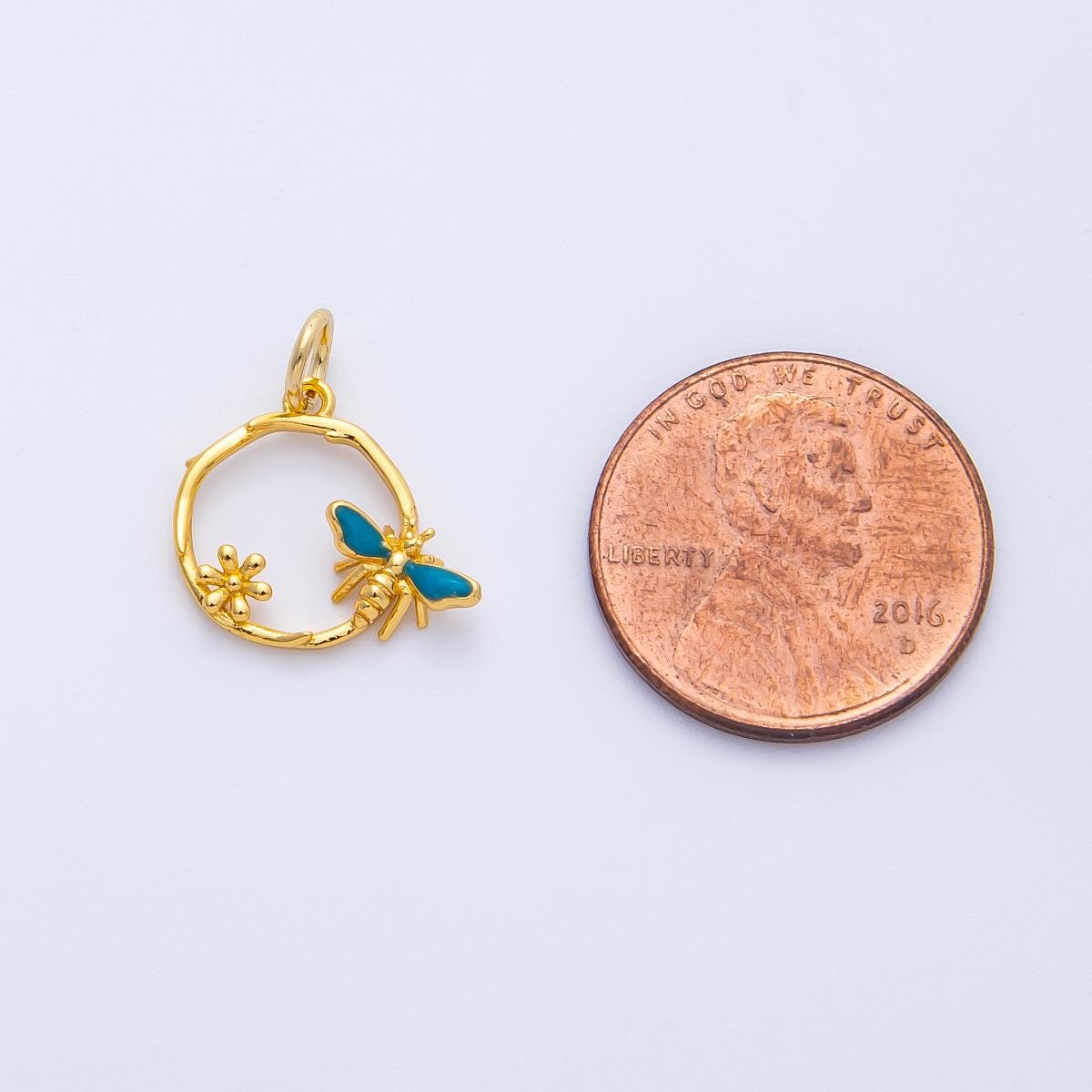 24k Gold Filled Blue Bee and Flower Pendant 13.1mm Open Circle Charm for Necklace Botanical Wreath Medallion Nature Inspired | CHARMS-00402