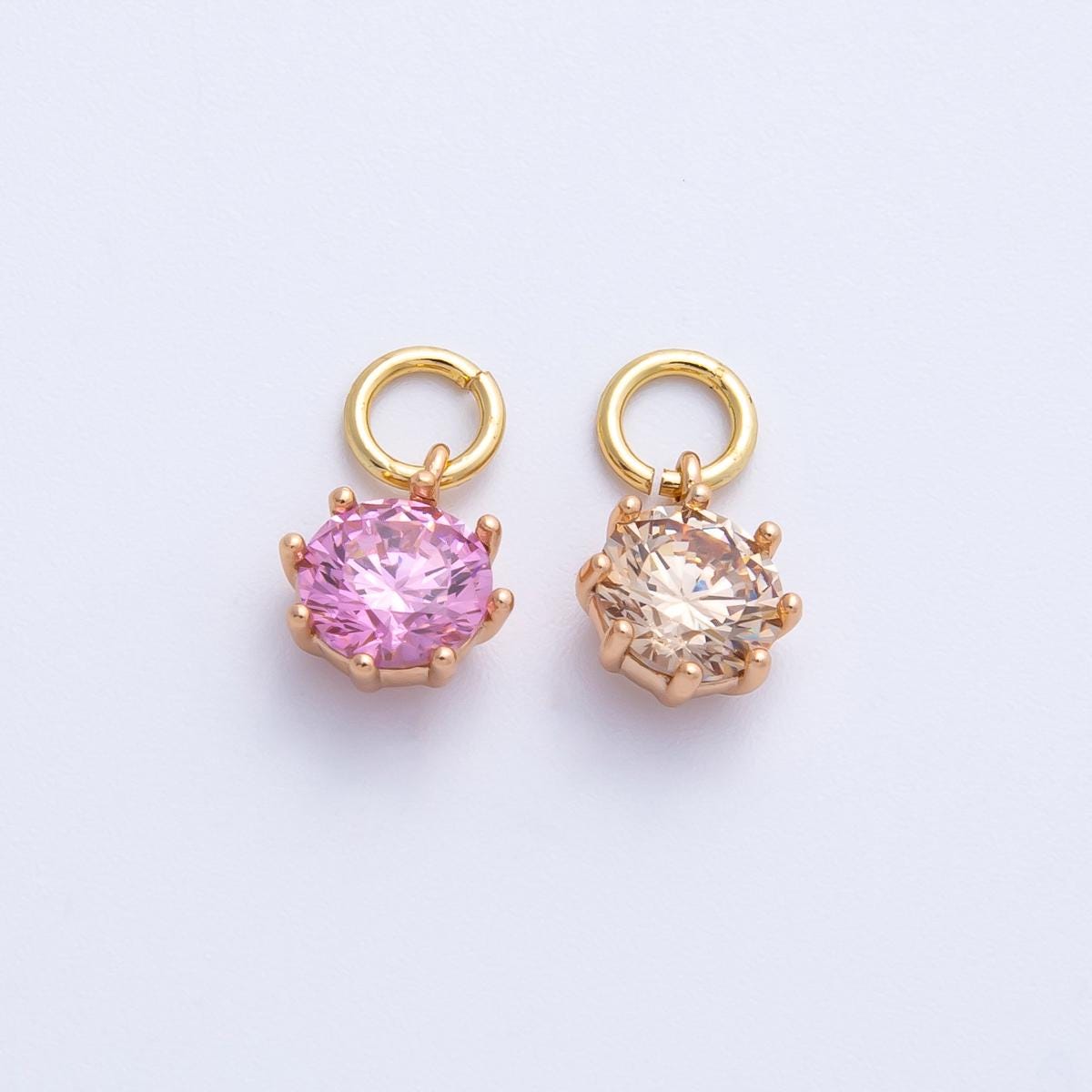 Rose Gold Pink and Champagne Solitaire CZ Charm Round Add on Necklace Earrings Mini Birthstone Jewelry Dainty Gift for Her | CHARMS-00403