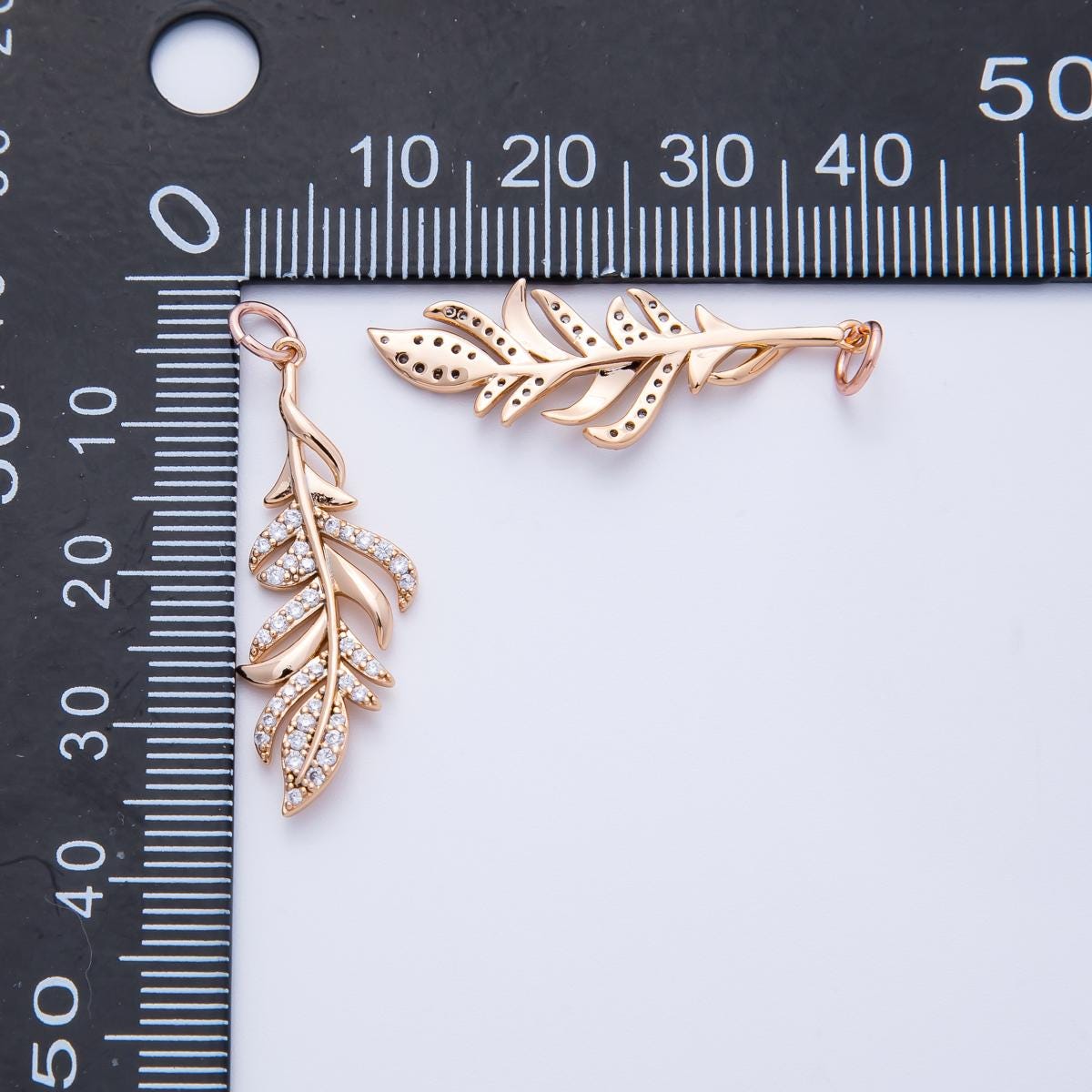 Rose Gold CZ Feather Charm 31.5mm Nature Inspired Leaf Charm Dainty Boho Jewelry for Her Unique Anniversary Gift for Wife | CHARMS-00405