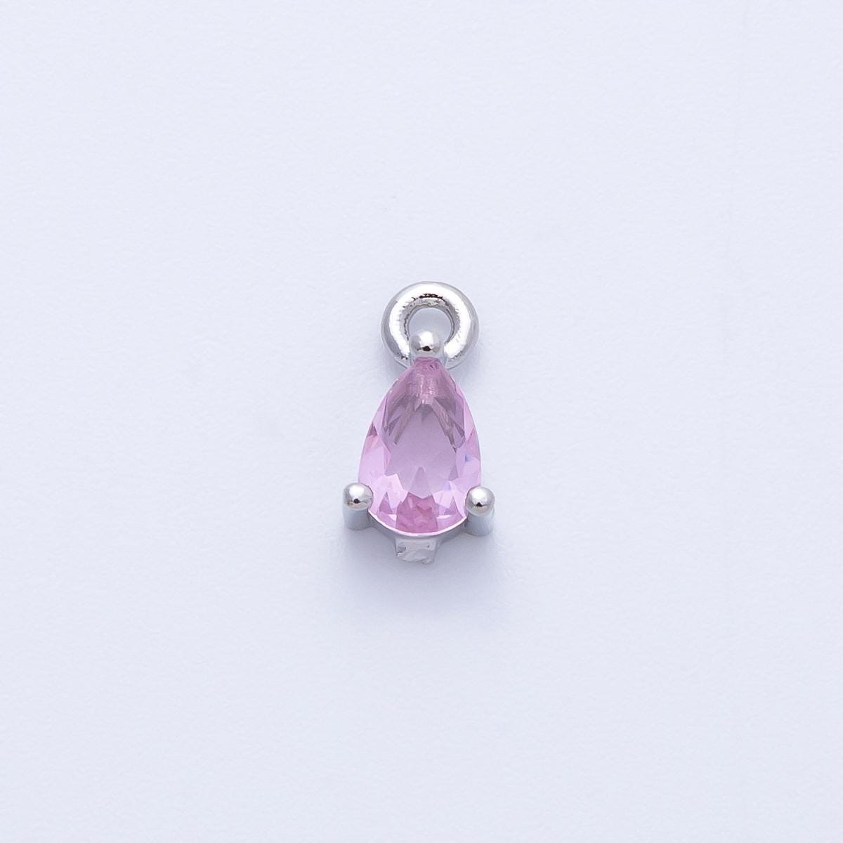 Silver Pink Sapphire Charm 9.3mm Teardrop Pendant Dainty Gift DIY Jewelry Making Supply for Custom Earrings Necklace Bracelet | CHARMS-00409